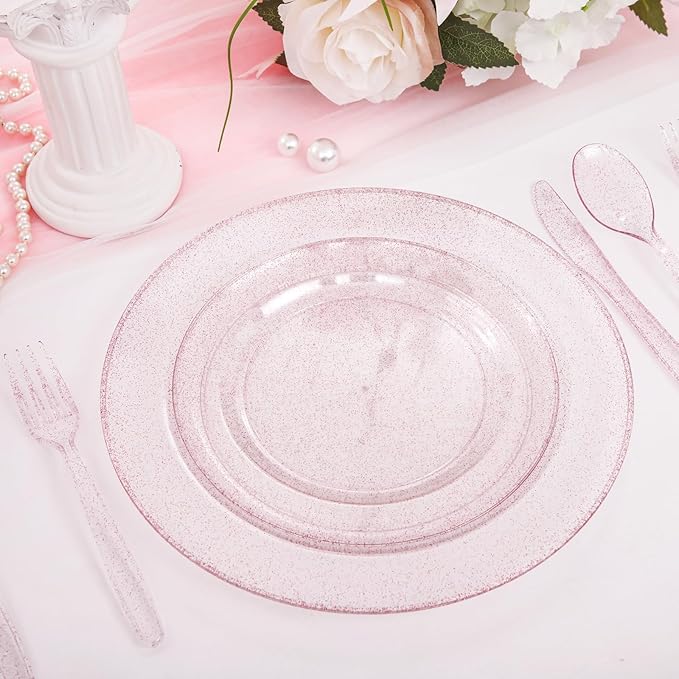 WDF 120pcs Pink Plastic Plates Disposable - Clear Pink Glitter Plates for Valentine's Day/Wedding including 60PCS Dinner Plates 10.25inch and 60PCS Salad Plates 7.5inch for Wedding/Party