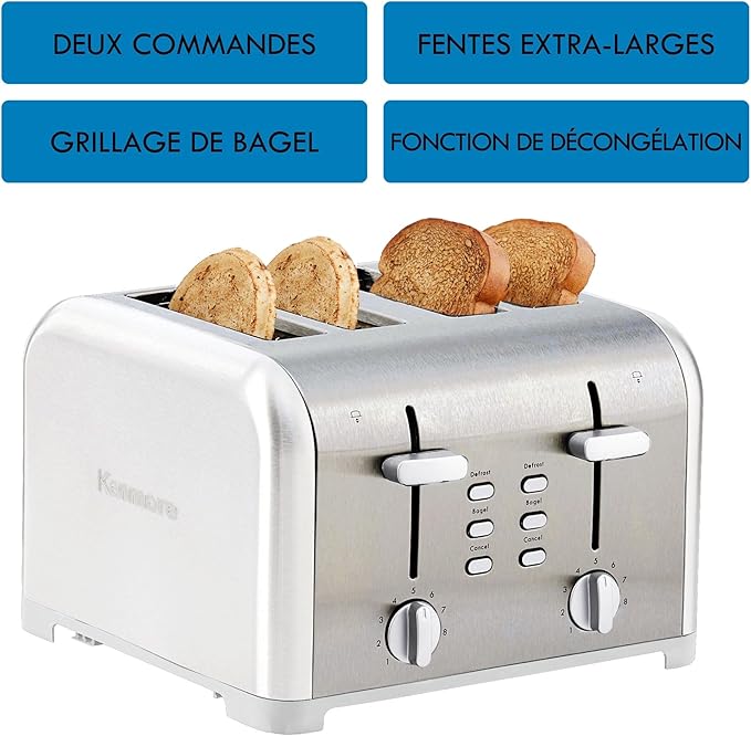 Kenmore Toaster 4 Slice - Extra Wide Slot Countertop Kitchen Appliance, Defrost Function, Grille-Pain, 9 Shade Settings, Compact Design, Easy Clean Crumb Tray, Bread Bagel, Stainless Steel & White