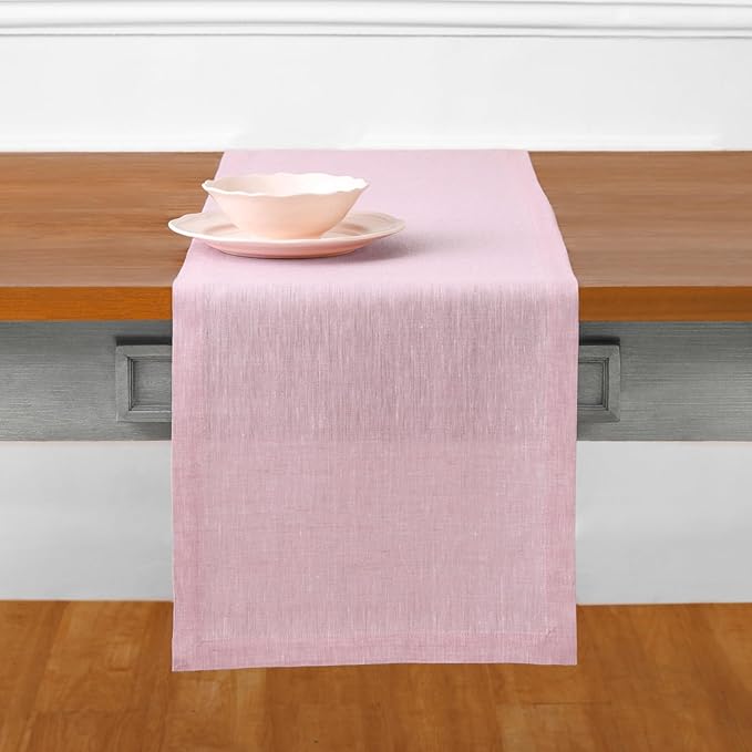 Solino Home Linen Small Table Runner 60 Inches - Athena, 100% Pure Linen Bubblegum Pink Table Runner 14 x 60 Inch Ideal for Dresser and Coffee Tables - Summer, Halloween