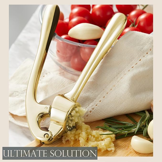 KITESSENSU Premium Garlic Press, Professional Garlic Mincer, Easy to Squeeze and Clean, Rust Proof & Dishwasher Safe, Efficient Ginger Crusher - Golden