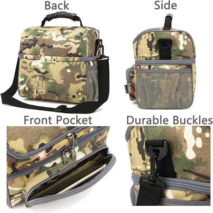 FlowFly Double Layer Cooler Insulated Lunch Bag Adult Lunch Box Large Tote Bag for Men, Women, With Adjustable Strap,Front Pocket and Dual Large Mesh Side Pockets