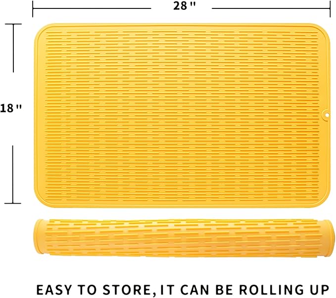 Silicone Dish Drying Mat for Multiple Usage,Easy clean,Eco-friendly,Heat-resistant Silicone Mat for Kitchen Counter or Sink,Refrigerator or Drawer Liner Yellow 3XL 28 inches x 18 inches