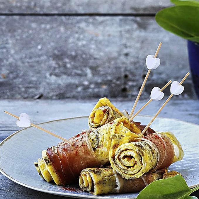 Minisland White Love Heart Cocktail Picks, 4.7 Inch Long Bamboo Fancy Toothpicks for Appetizers, Decorative Valentines Bridal Wedding Party Food Drinks Garnish Fruit Skewer Sticks 100 Counts -MSL135