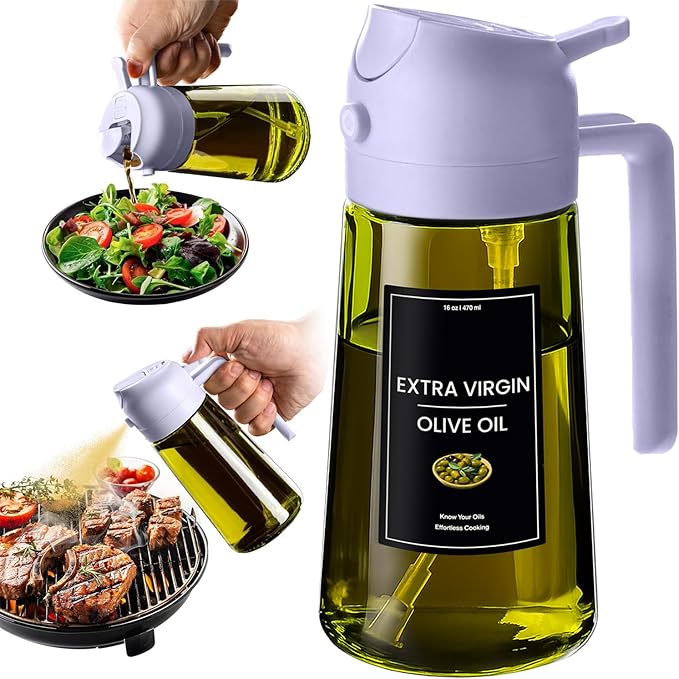 CXINYI - 16oz/470ml Olive Oil Dispenser for Kitchen with Stickers - 2 in 1 Olive Oil Sprayer for Cooking, Air Fryer, and Salad, Purple (Light-Proof Kitchen Gadget)