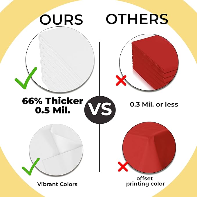 Party Solids 66% Thicker Premium Plastic Table Cloth Rectangle Table Cover 0.5 Mil 6 Pack White Table Cloth 54 Inch x 108 Inch Disposable Tablecloth Won't Tear Easily Like Cheap Thin Brands