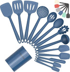 Coukre Silicone Kitchen Cooking Utensils Set with Holder – Heat-Resistant, Food-Grade Kitchen Tools, Spatula, Spoon & Gadgets for Non-Stick Pans, Dishwasher Safe (14, PureDarkBlue)