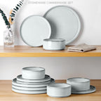 Stoneware Dinnerware Sets, Onader 12 Piece Plates and Bowls Dish Sets for 4, Ceramic Dishware Dining Ware with Rustic Terracotta Bottom - Glacier White