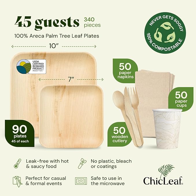 Chic Leaf Compostable Palm Leaf Plates & Cups Set - 10 In & 7 In Pack of 45, Natural - Biodegradable Tableware & Disposable Plates & Cups - Durable Bamboo Utensils