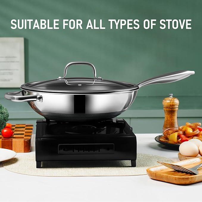 Hybrid 12-Inch Wok with Lid,Nonstick Stainless Steel Woks & Stir-fry pans,Stay-Cool Handle,PFOA Free Cookware,Dishwasher and Oven Safe,Compatible with All Cooktops