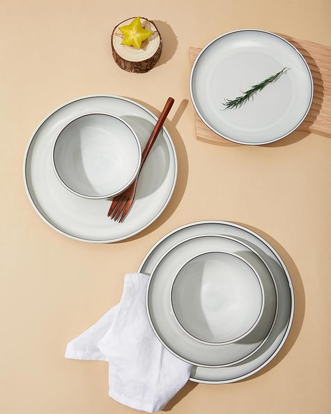 Santorini Mist Terracotta Reactive Glaze Plates and Bowls Sets, Stoneware Dinnerware Sets, Microwave and Dishwasher Safe Ceramic Dish Set Service for 4, Moonstone White