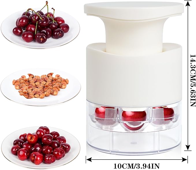 Cherry Pitter, 7-Hole Long Plunger Push Button Cherry Core Remover Tool with Splatter Protector, Quickly Pitting Cherries for Making Jam, Pies (White)