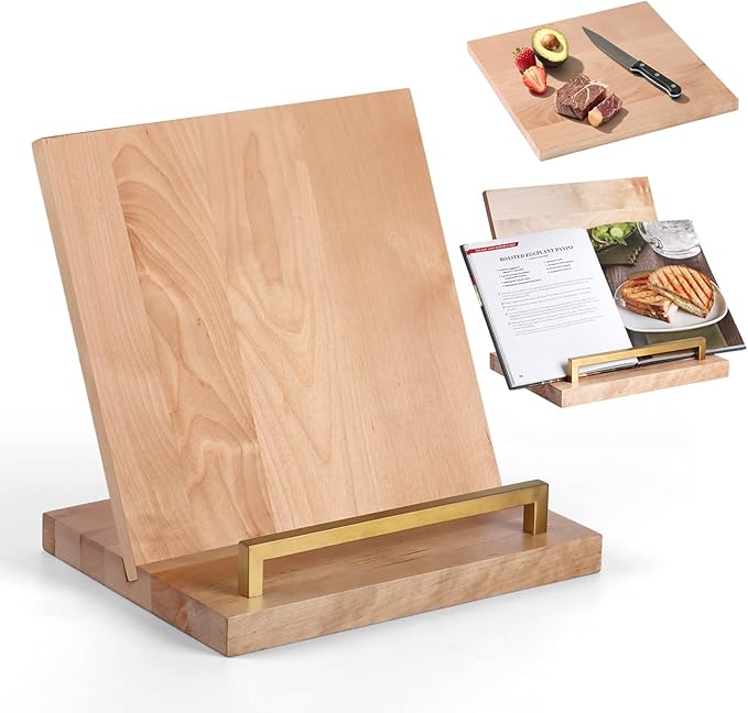 Cookbook Stand with Removable Cutting Board – Adjustable Recipe Book Holder, Charcuterie Board & Kitchen Serving Tray, Kitchen Counte Decor/Maple Wood