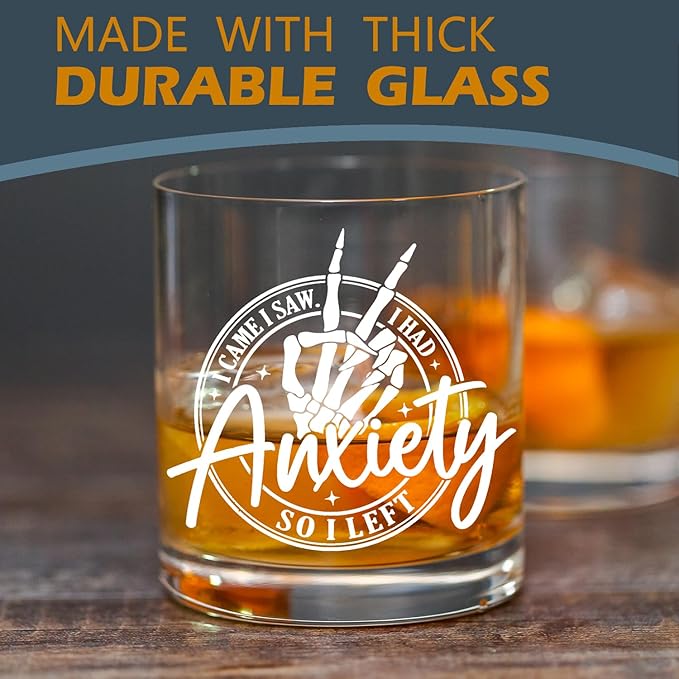 kunlisa Funny Anxiety Mental Health Whiskey Glasses, Anxiety Relief Gifts, Sarcastic Gothic Skeleton Psychology 10 oz Drinking Rocks Glasses for Women Men Whisky Cocktail Scotch Bourbon Liquor