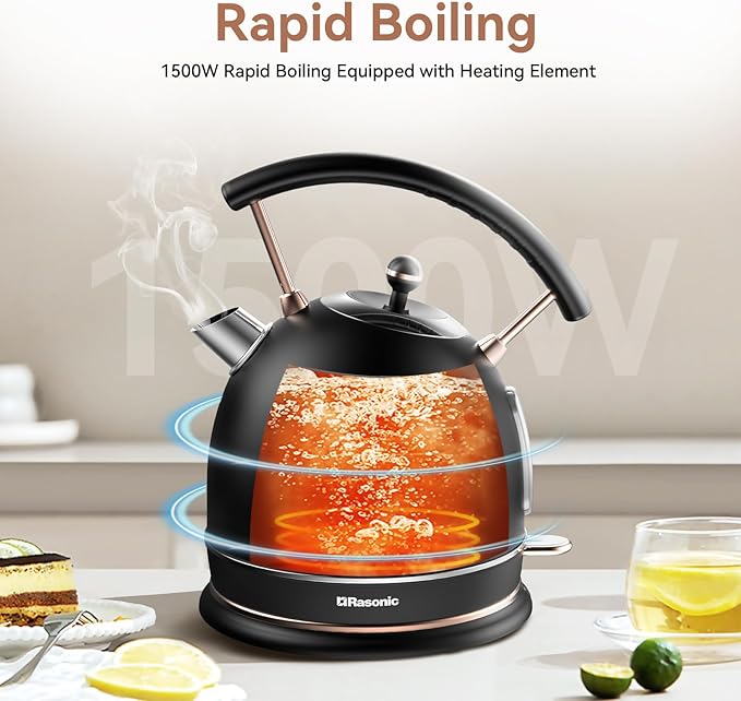 Rasonic Retro Electric Kettle Stainless Steel, 1.8L Tea Water Boiler, 1500W Fast Quiet Boil, Temperature Gauge, Auto Shut-Off, Boil-Dry Protection, Matt Black and Rose Gold