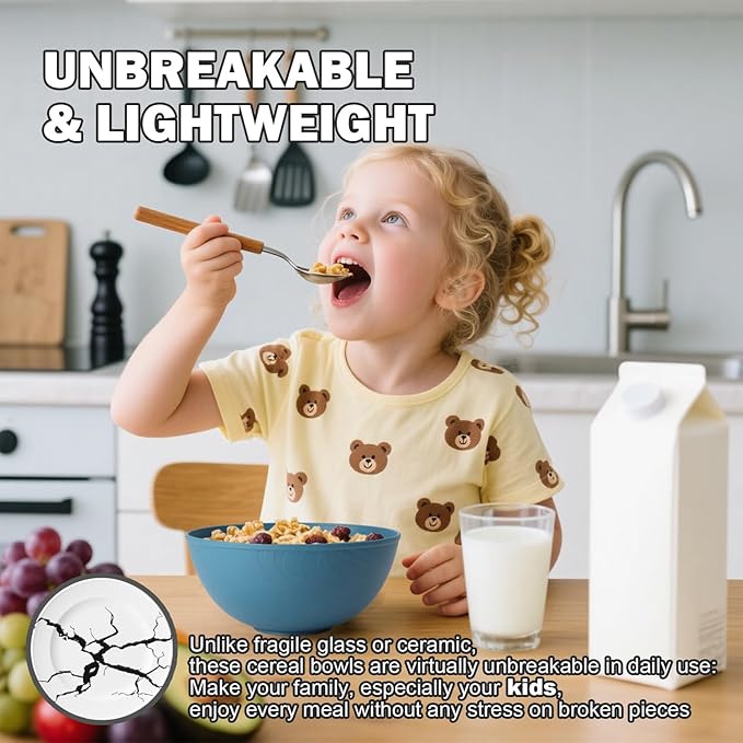 Cereal Bowls 40 OZ Set of 6, Unbreakable Lightweight Bowls Set, Microwave & Dishwasher Safe, Plastic Reusable Cereal Bowls for Soup, Salad, Noodle, Snack, Fruit, Blue