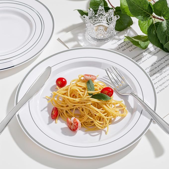 WDF 120PCS Plastic Christmas Plates White Silver Rim - Disposable Plates including 60PCS for Dinner 10.25inch, 60 Salad/Dessert Plates 7.5inch Heavy Duty Wedding
