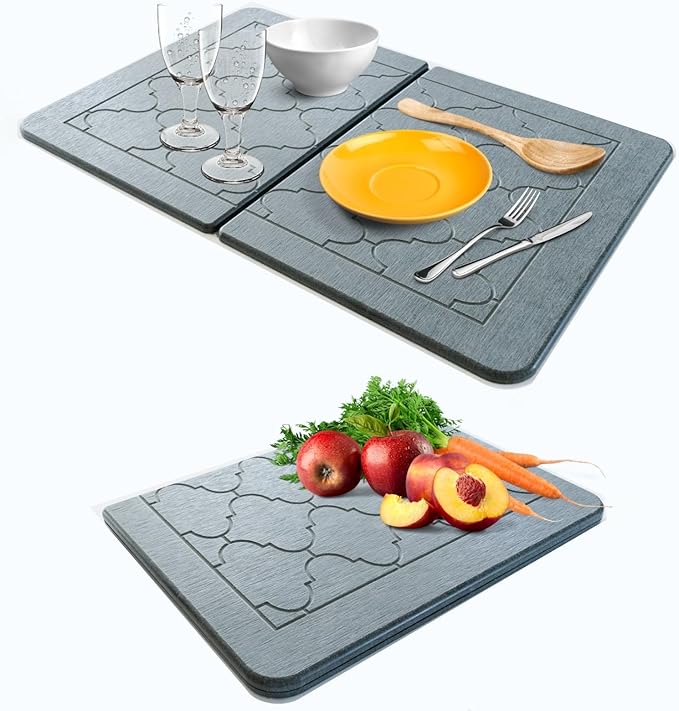 BARTEQ Stone Dish Drying Mat Large - 23.6” X 15.4" Foldable Diatomaceous Stone Drying Mat for Kitchen Counter | Fast Absorbtion | Non-Slip Quick Drying Stone Mat | Moroccan Trellis Grey