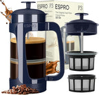 ESPRO P3 French Press Coffee Maker – Patented Double Micro-Filter for Grit-Free Brew, Heat Resistant thicker Borosilicate Glass Coffee press – Blue (32 oz)