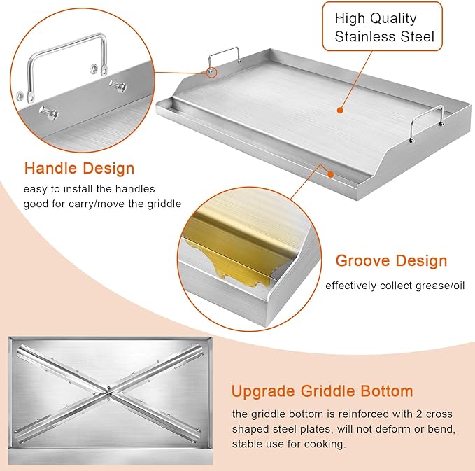 GasSaf Universal Stainless Steel Griddle, 25" x 16" Rectangular Cooking Griddle Plate Insert for Gas Grills/Stove, Large Grill Flat Top Pan with Grease Groove and Removable Handles for Camping