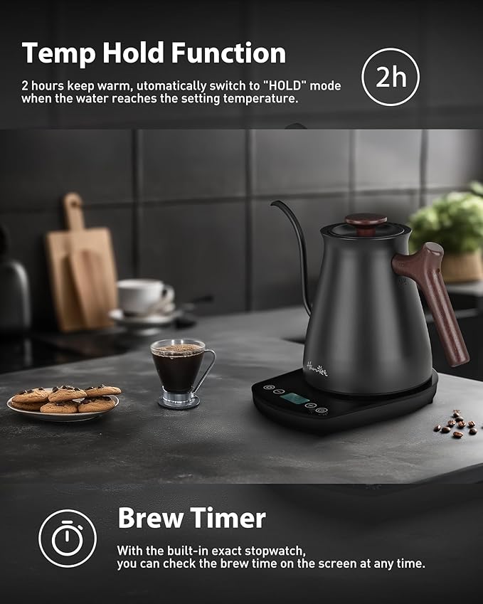 Harriet Gooseneck Electric Kettle - 1200W Fast Heat, 0.8L Stainless Steel, Precision Temp Control & Timer, Wood Handle, Pour Over Coffee and Tea, Black