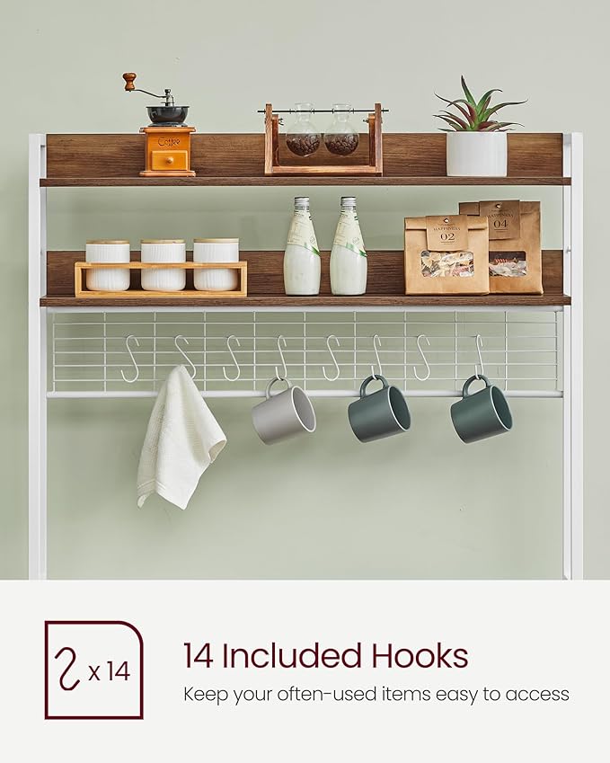 VASAGLE Hutch Bakers Rack with Power Outlet, 14 Hooks Microwave Stand, Adjustable Coffee Bar with Metal Wire Panel, Kitchen Storage Shelf, 15.7 x 39.4 x 66.9 Inches, Rustic Walnut and White UKKS038W41