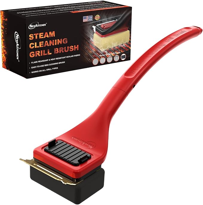 Grill Brush Bristle-Free Steam Cleaning, BBQ Brush Replaceable Heat-Resistant Kevlar Head with Grill Scraper Safe Barbecue Grill Cleaner-Red