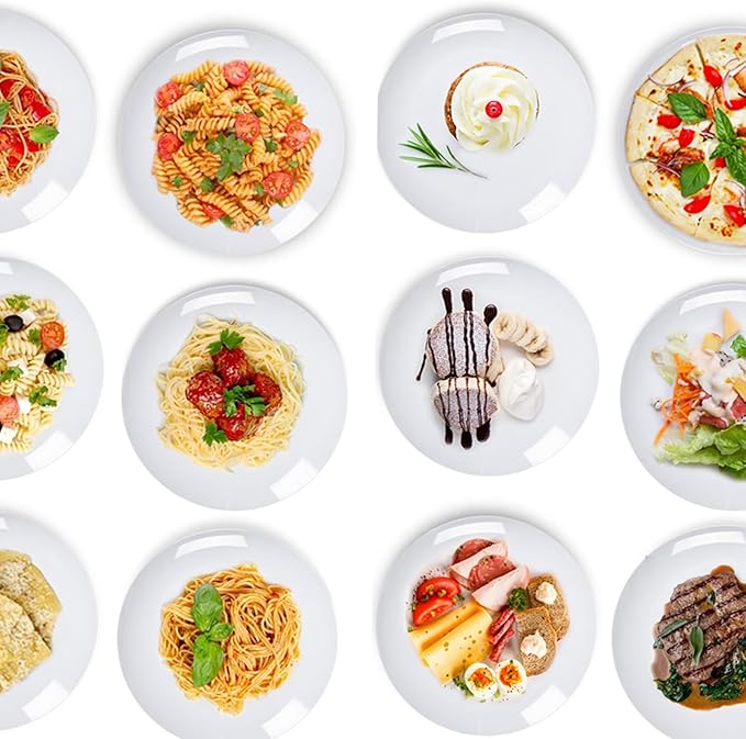 White Melamine Dinner Plates，6pcs Dishes Set，10inch Lightweight Round Plates，Scratch Resistant Unbreakable Serving Dishes，White