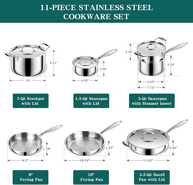 EWFEN Pots and Pans Set, 3 Ply 11 Piece Stainless Steel Cookware Set, Oven Dishwasher Safe | Induction Compatible Frying Pans, Saucepans, Saute Pan & Stock Pot, PFOA Free Kitchen Skillet