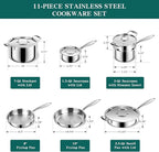 EWFEN Pots and Pans Set, 3 Ply 11 Piece Stainless Steel Cookware Set, Oven Dishwasher Safe | Induction Compatible Frying Pans, Saucepans, Saute Pan & Stock Pot, PFOA Free Kitchen Skillet