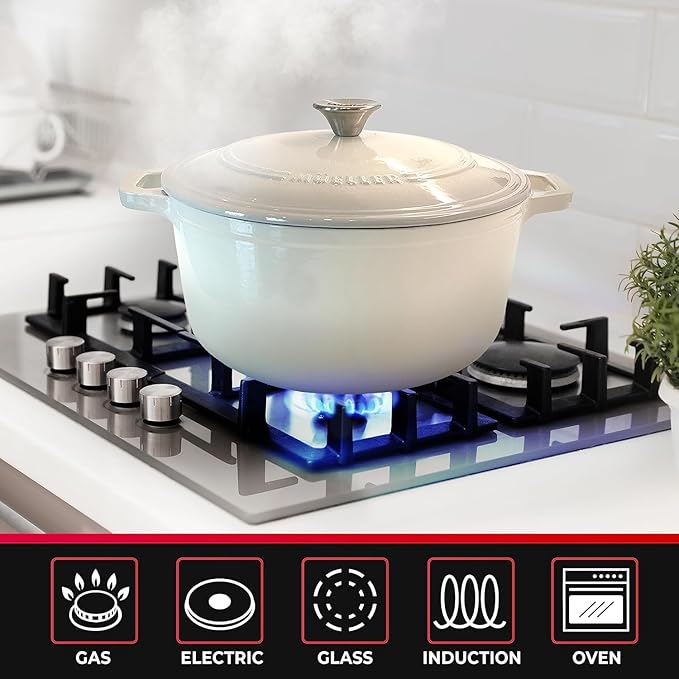 MÜELLERHOME 4.5 QT Enameled Cast Iron Dutch Oven, Heavy-Duty Casserole Dish and Braiser Pan with Lid and Stainless Knob, Oven-Safe up to 500° F & Across All Cooktops, Oyster White