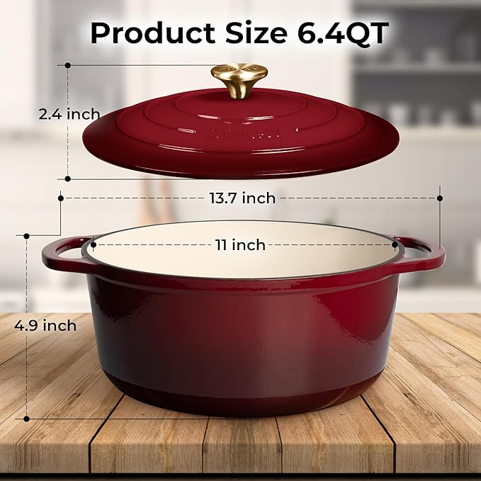 Zulay Kitchen 6 Quart Enameled Cast Iron Dutch Oven Pot with Lid – Premium Durability & Oven Safe up to 500°F – Heavy Duty Cookware Perfect for Bread Baking, Stews, Braising & Roasting – Garnet