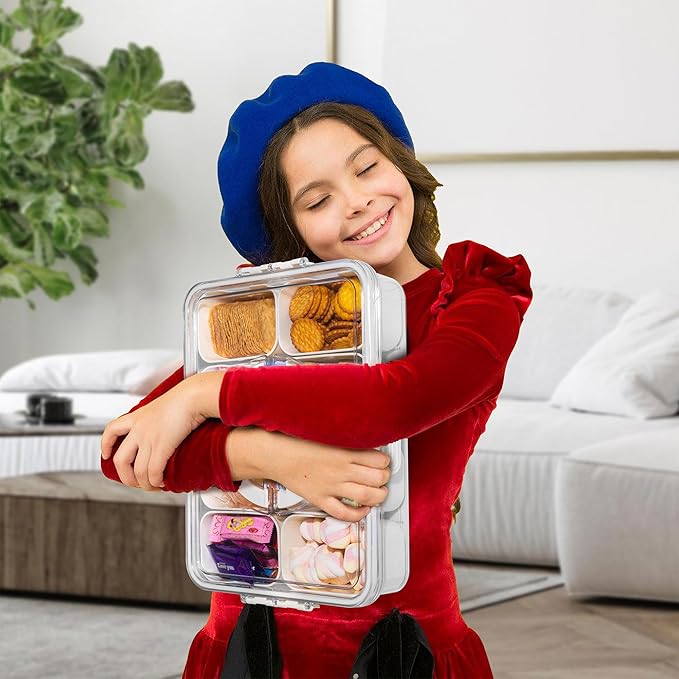 Divided Snack Serving Tray with Lid and Handle travel Snackle Box Charcuterie Container Portable Storage Organizer for Candy, Fruits, Nuts, Snacks 1Pack White