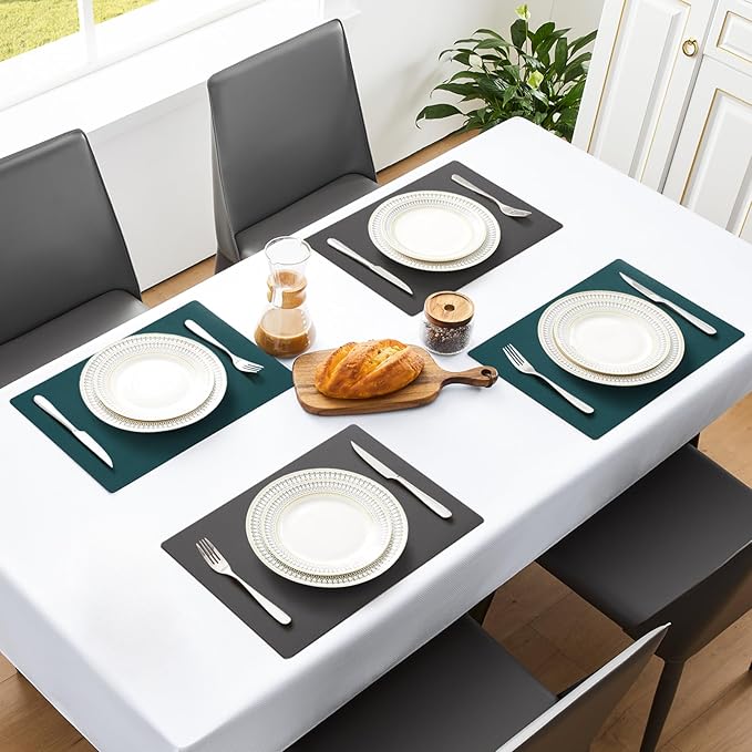 MOSAYT Vinyl Placemats Set of 8, Heat Resistant Place Mats 100% Waterproof Washable & Wipeable Faux Leather Reversible Table Mats for Kitchen Dining Party Indoor Outdoor, 12" x 17", Grey/Teal