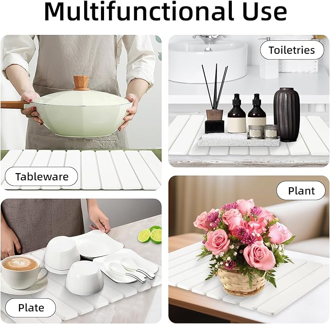 Stone Dish Drying Mat, 24"(L)×16"(W) - Fast-Drying, Collapsible Kitchen Counter Mat for Dishes, Cups & Bottles with Sanding Tool + Placemat, White