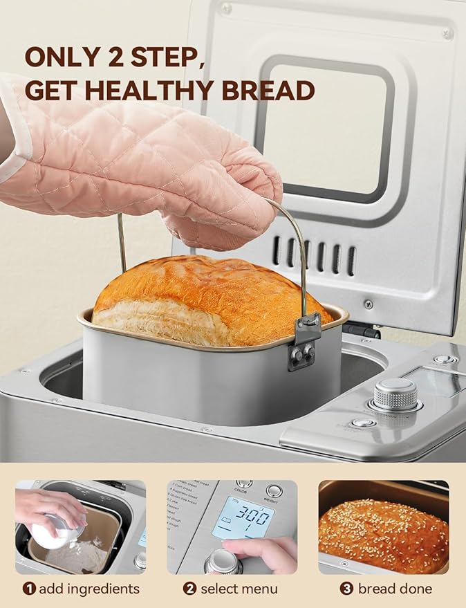 Neretva Bread Maker, 20-IN-1 2LB Bread Machine Dual Heater Bread Maker Machine Automatic with Nonstick Ceramic Pan, 15H Timer & 1H Keep Warm Set, Low Noise, Stainless Steel Breadmaker Recipe-Silver