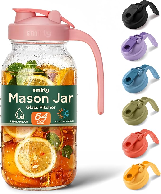 SMIRLY 64 oz Mason Jar Pitcher,Glass Pitcher with Wide Mouth,Water Jug with Double Leak Proof Lid for Iced Coffee,Hot Water,Breast Milk
