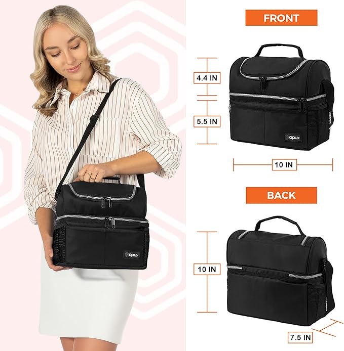 OPUX Lunch Box For Men Women, Insulated Large Lunch Bag Adult Work, Double Decker Lunchbox Meal Prep, Dual Compartment Leakproof Lunch Cooler, Soft Lunch Pail Tote Boys Girls Kids School, Black 16 Can
