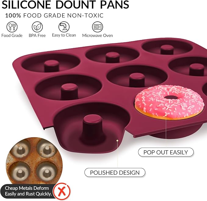 Large Silicone Donut Pan for Baking, 9 Cavity Non-Stick Food Grade Silicone Donut Molds, Doughnut Pan and Bagel Pans for Baking & Kitchen, BPA Free 11.2 x 11.1 Inches, Dishwasher Safe - Red