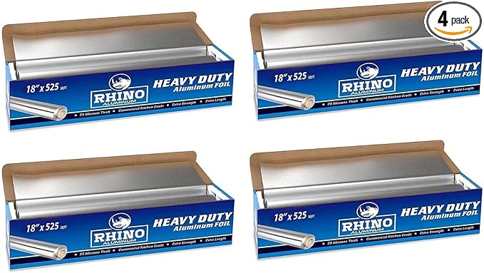 Rhino Aluminum Foil Heavy Duty 18 x 525 sf - (Pack of 4) Foil Aluminum Roll, 25 Microns Thick - Commercial Grade & Extra Thick, Strong Enough for Food Service Industry