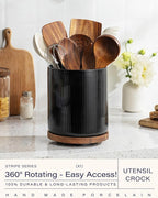 getstar 360° Rotating Large Kitchen Utensil Holder, Ceramic Cooking Utensil Holder for Kitchen Counter with Rotatable and Detachable Wooden Base (Black)