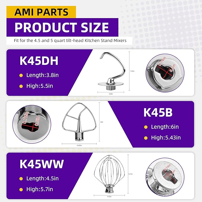 3 Pieces Stand Mixers Repair Set Stainless Steel for Kitchen Tilt-Head Stand Mixers K45DH Dough Hook K45B Coated Flat Blade Paddle K45WW Wire Whip Compatible with Kitchen-aid Accessories by AMI PARTS
