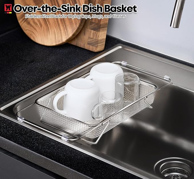 Extendable Dish Rack with Feet, Vegetable Colander Basket, Stainless Steel Dish or Silverware Drying Rack, Ultimate Kitchen Organizer Over The Sink (11.81 x 8.27 x 2.76 Inches)