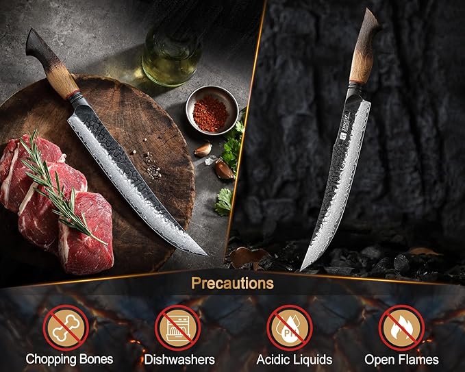 XINZUO 10 Inch Brisket Carving Knife，67-Layer Damascus Steel，Razor Sharp Curved Butcher Breaking Knives For Meat Cutting With White Oak + Red G10 Gasket Handle