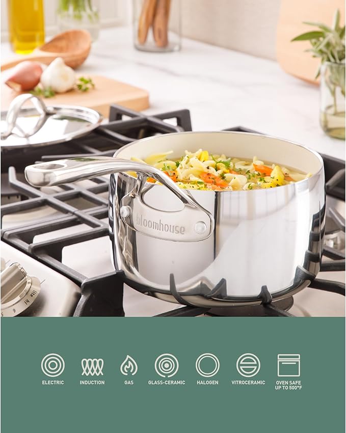 Bloomhouse - Two Time Oprah's Favorite Things Winner - 3-Quart Tri-Ply Stainless Steel Saucepan – Non-Stick, Non-Toxic Pro Ceramic Interior, Durable Cooking Pot for Sauces and Simmering