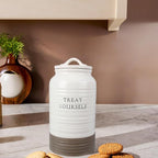 Young's Inc. Ceramic Cookie Jar - Cute Kitchen Counter Storage Canister with Lid - Perfect for Cookies, Coffee, Tea, Candy, Dog Treats, and More - Treat Yourself - White, Brown