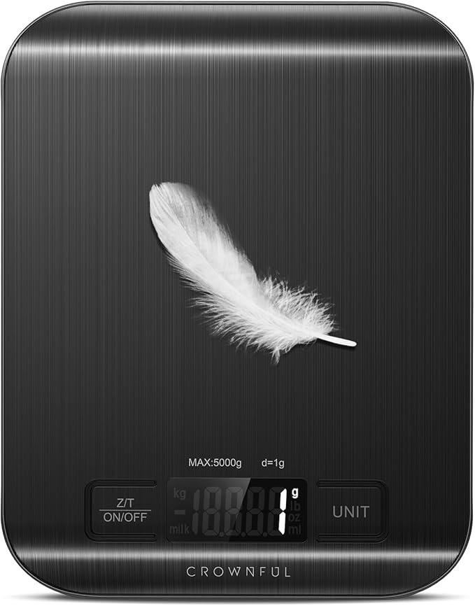 CROWNFUL Food Scale, 11 lb Digital Kitchen Scales with Built-in Coin Battery, Weight Ounces and Grams for Cooking and Baking, 6 Units with Tare Function, LCD Display, 304 Stainless Steel, Black