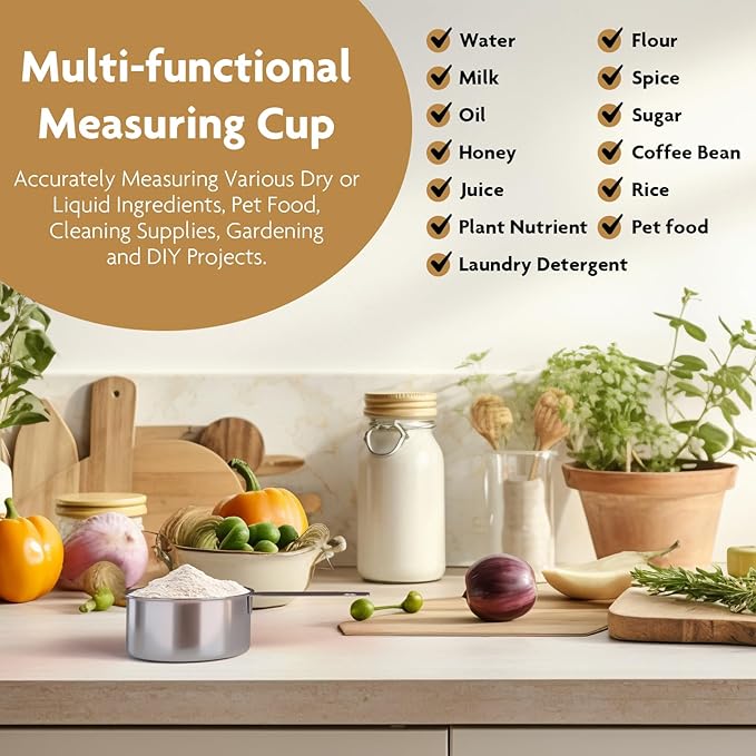 2PCS 1 Cup(16Tbsp, 240ml, 8oz) Stainless Steel Measuring Cup, Single Metal Scoop for Wet and Dry Ingredients, Great Kitchen Gadgets for Cooking