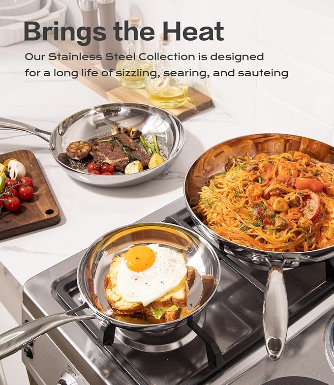 Non Toxic Frying Pan Set with Lids 6 Pcs Fry Pan Set,8,10,12 Inch Frying Pans with Stainless Steel Lids,Stay-Cool Handles, Dishwasher Safe, Works on All Stovetops (Induction, Gas, Electric)
