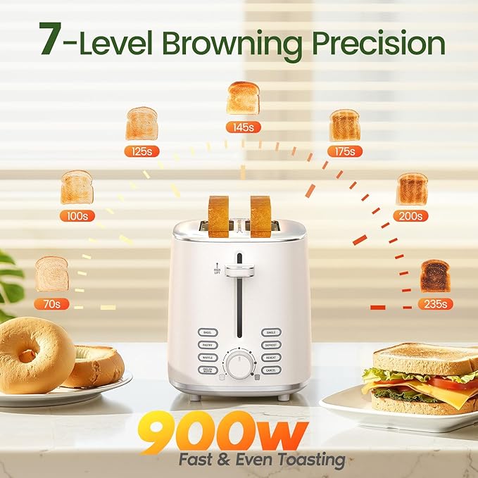 Toaster 2 Slice, Wide Slot for Toasting Bagel Muffin Waffle Gluten Free Breads, 7 Shade Settings, Defrost & Reheat, Stainless Steel, Easy Clean, White