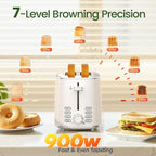 Toaster 2 Slice, Wide Slot for Toasting Bagel Muffin Waffle Gluten Free Breads, 7 Shade Settings, Defrost & Reheat, Stainless Steel, Easy Clean, White